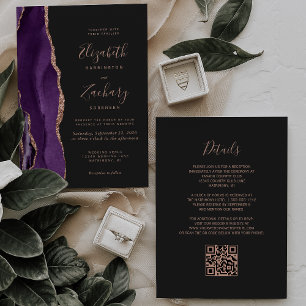 Invitation Mariage Code QR Sombre Agate Or Rose Violet