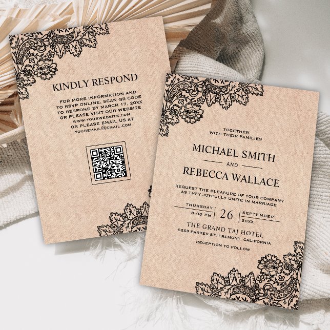 Invitation Mariage Code QR Toile Burlap Dentelle Noir (Créateur téléchargé)