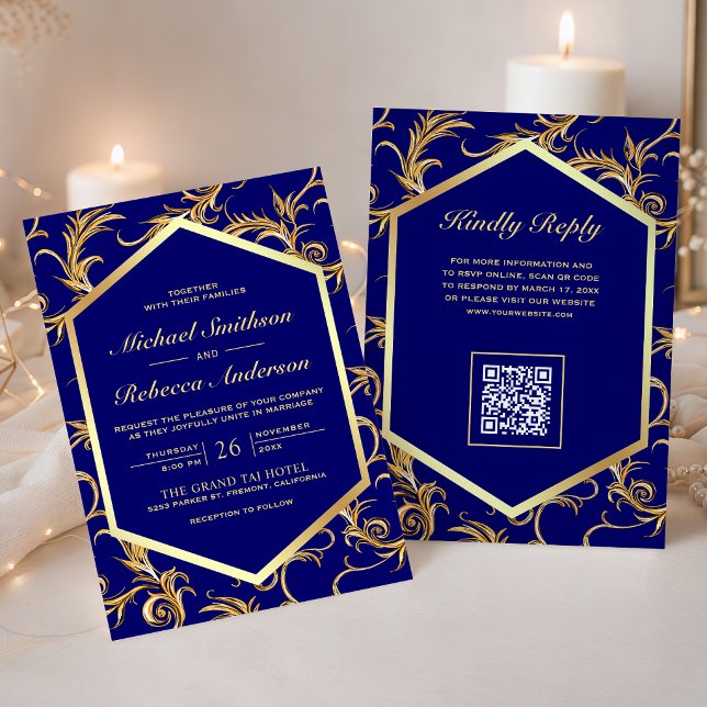 Invitation Mariage Code QR Tourbillon Doré Bleu Royal (Créateur téléchargé)