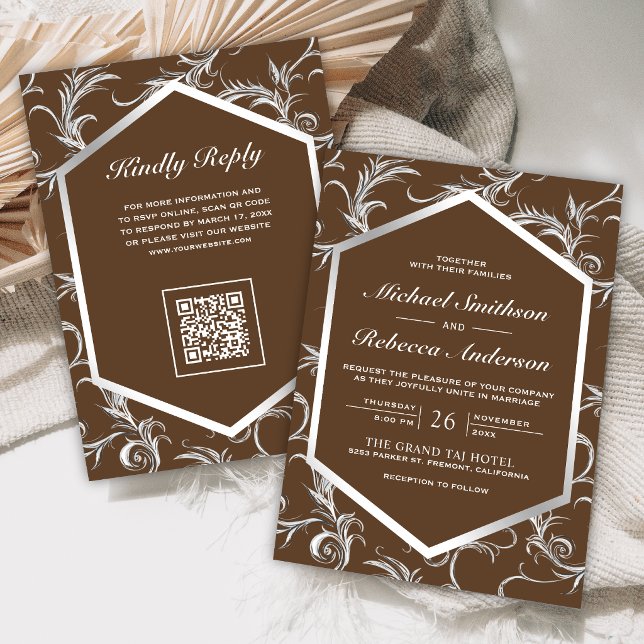 Invitation Mariage Code QR Tourbillon Élégant Argent Marron (Créateur téléchargé)