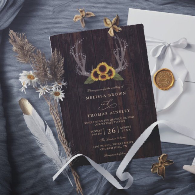Invitation Mariage Code QR Tournesols Bois de Cerf Campagne R (Créateur téléchargé)