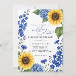 Invitation Mariage Code QR Tournesols Fleuris Bleu Royal