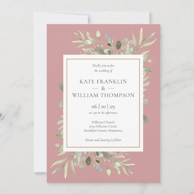 Invitation Mariage code QR tout-en-un à la verdure Rose Pouss (Devant)