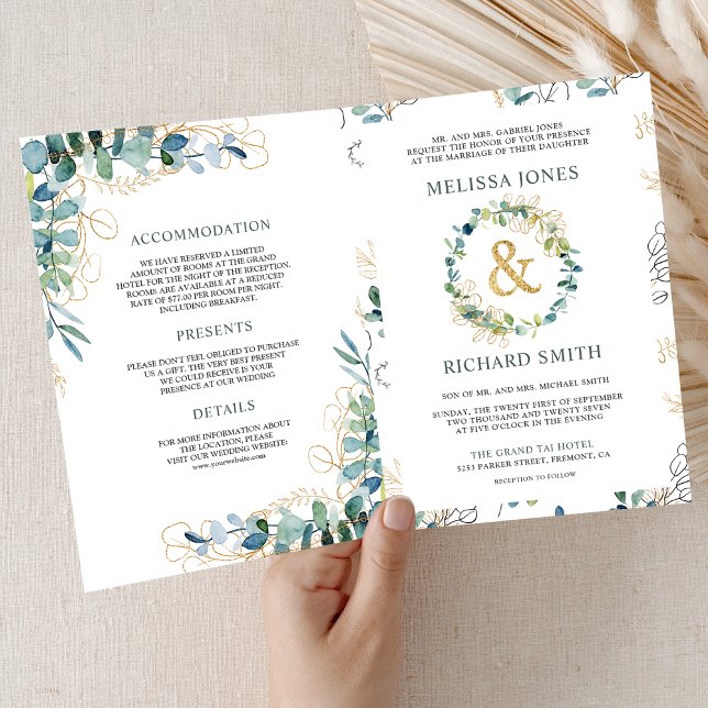 Invitation Mariage Code QR Tout en Un Eucalyptus Or Rustique (Créateur téléchargé)