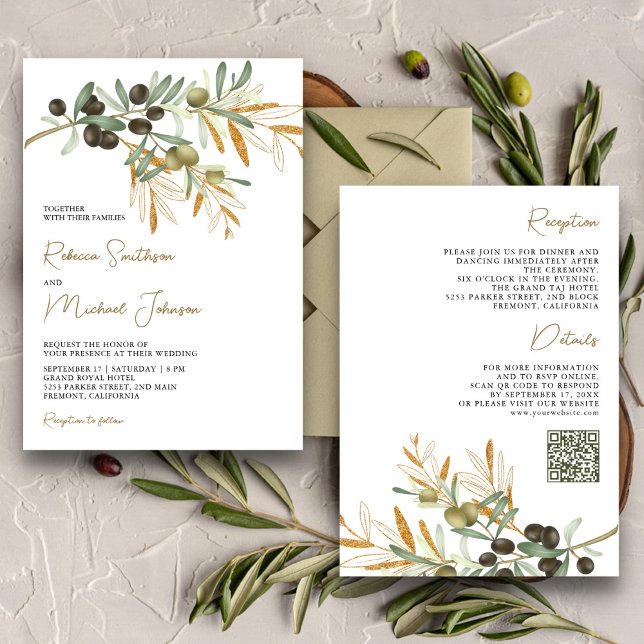 Invitation Mariage Code QR Tout en Un Feuilles d'Olivier Rust (Créateur téléchargé)