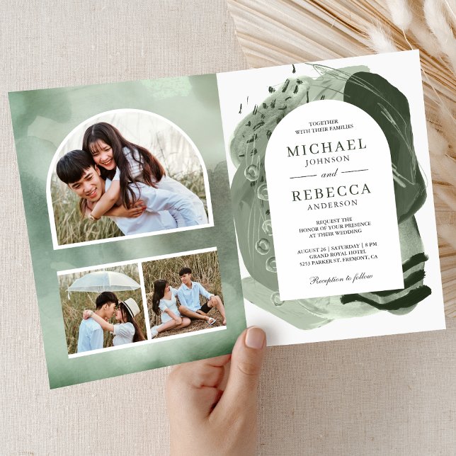 Invitation Mariage Code QR Traits de Pinceau Vert Sage Bohème (Créateur téléchargé)