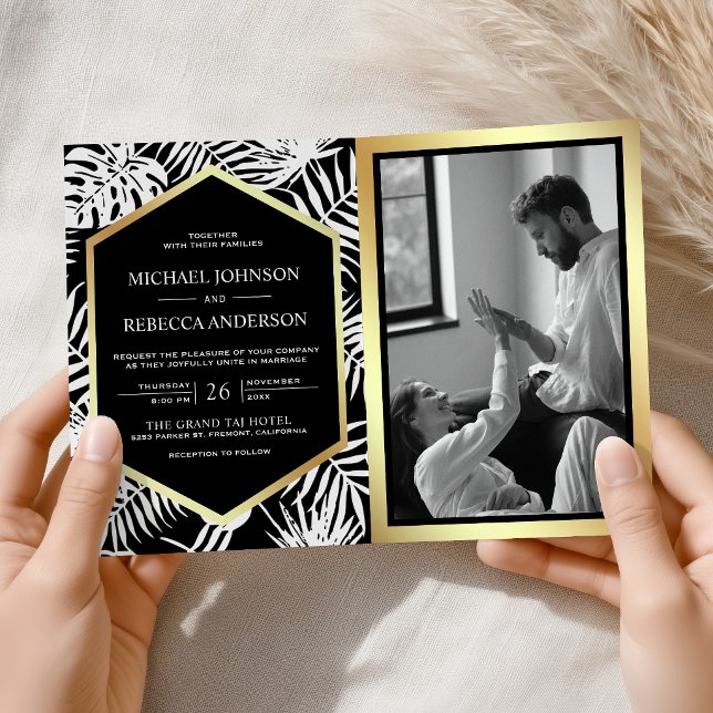 Invitation Mariage Code QR Tropical Palmier Or Noir Blanc (Créateur téléchargé)