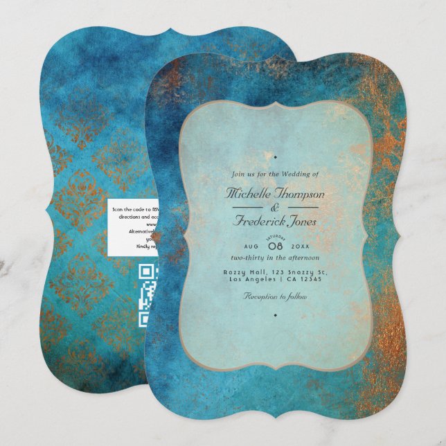 Invitation Mariage Code QR Turquoise et Patine de Cuivre Grun (Devant / Derrière)