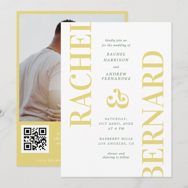 Invitation Mariage Code QR Typographie Jaune & Vert Élégant (Devant / Derrière)