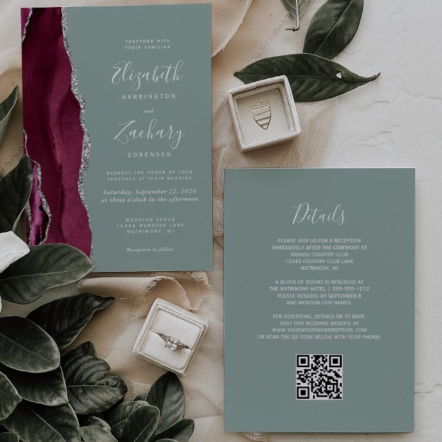 Invitation Mariage Code QR Vert Sauge Agate Argent Bourgogne (Créateur téléchargé)