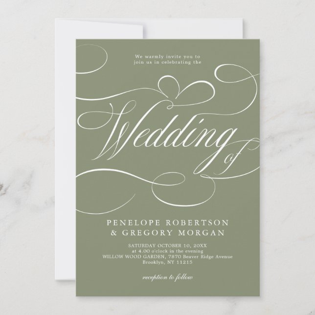 Invitation Mariage code QR vert sauge calligraphie moderne (Devant)