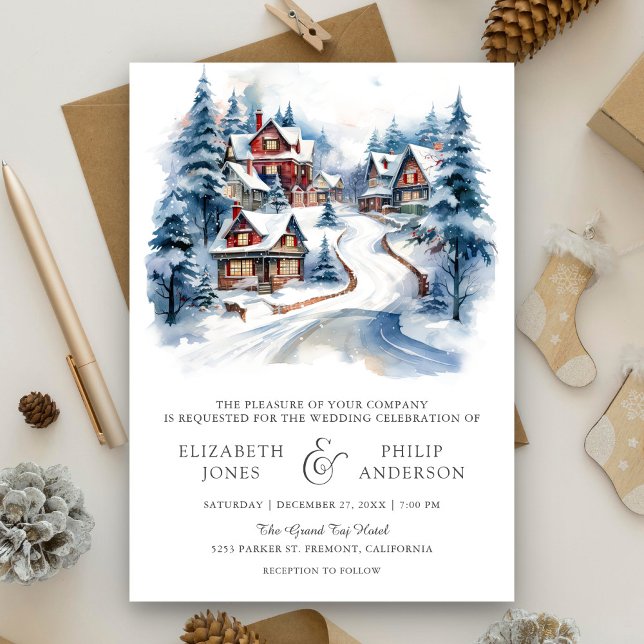 Invitation Mariage Code QR Village d'Hiver de Noël Festif (Créateur téléchargé)