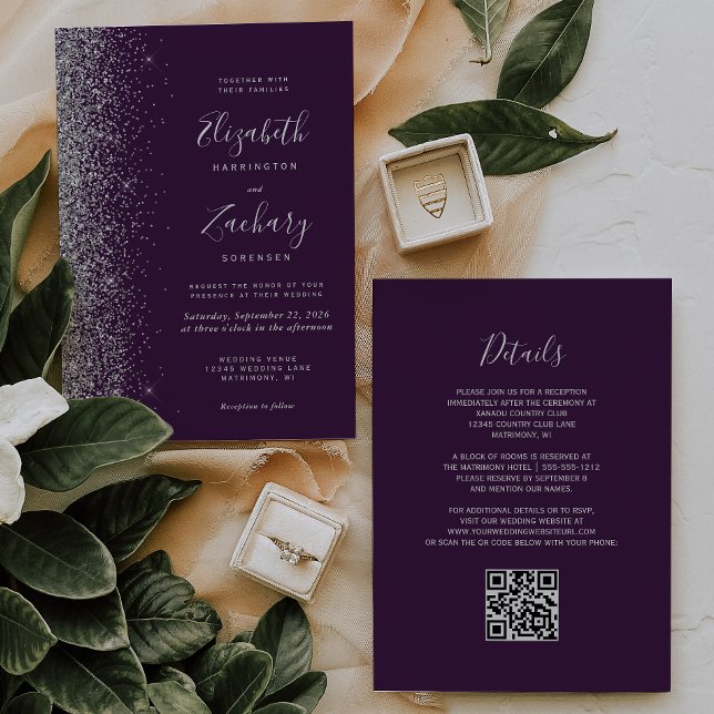Invitation Mariage Code QR Violet Foncé Paillettes Argentées  (Créateur téléchargé)