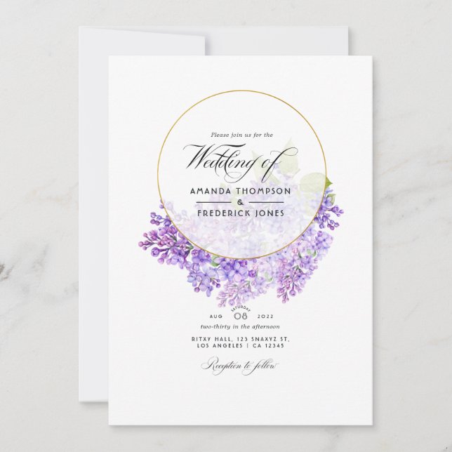 Invitation Mariage code QR Violet & Or Géométrique Herbier (Devant)