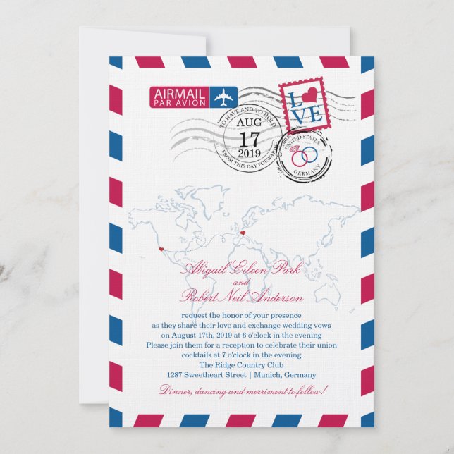 Invitation Mariage Coeur d'Airmail San Diego & Allemagne (Devant)