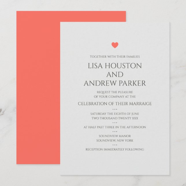 Invitation Mariage Cœur de Corail (Devant / Derrière)