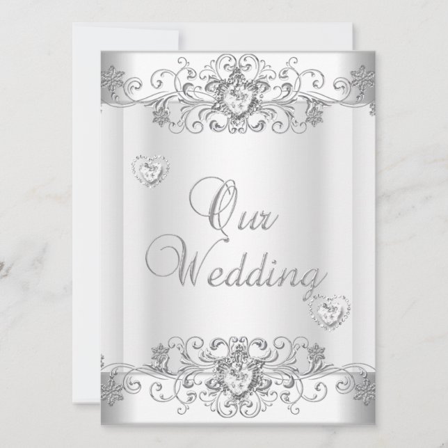 Invitation Mariage Cœur de Diamant Blanc Argent (Devant)