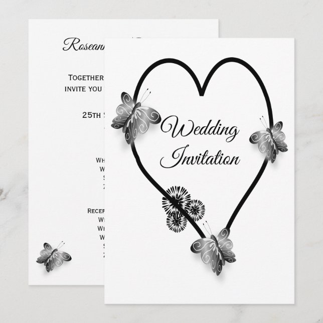 Invitation Mariage Coeur Et Papillons Noir Et Blanc (Devant / Derrière)