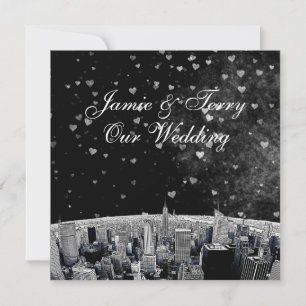 Invitation Mariage cœur noir blanc #2 Skyline de NYC gravé