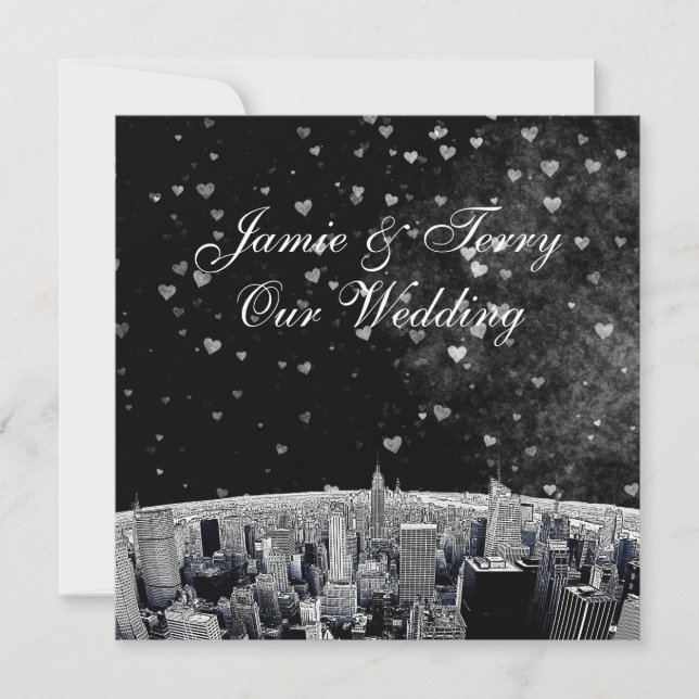 Invitation Mariage cœur noir blanc #2 Skyline de NYC gravé (Devant)