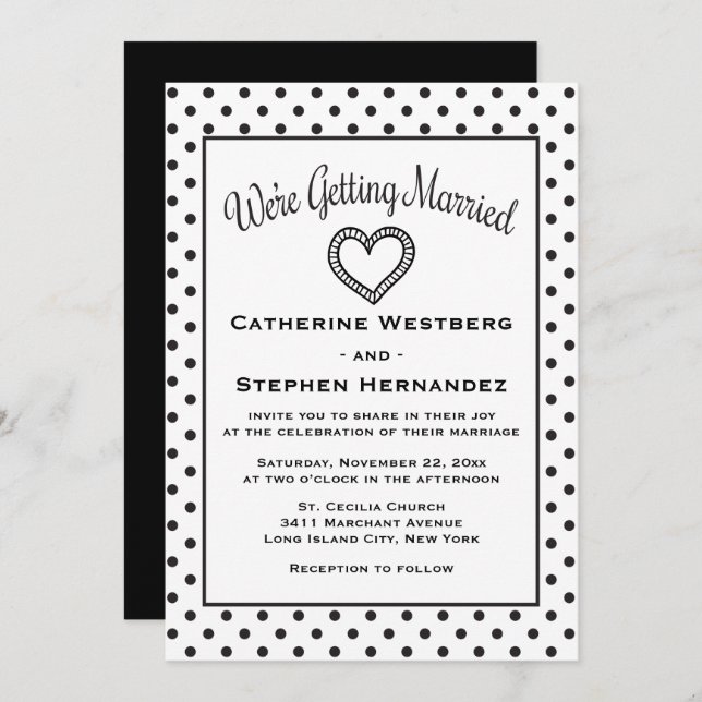 Invitation Mariage Coeur noir et blanc Polka (Devant / Derrière)