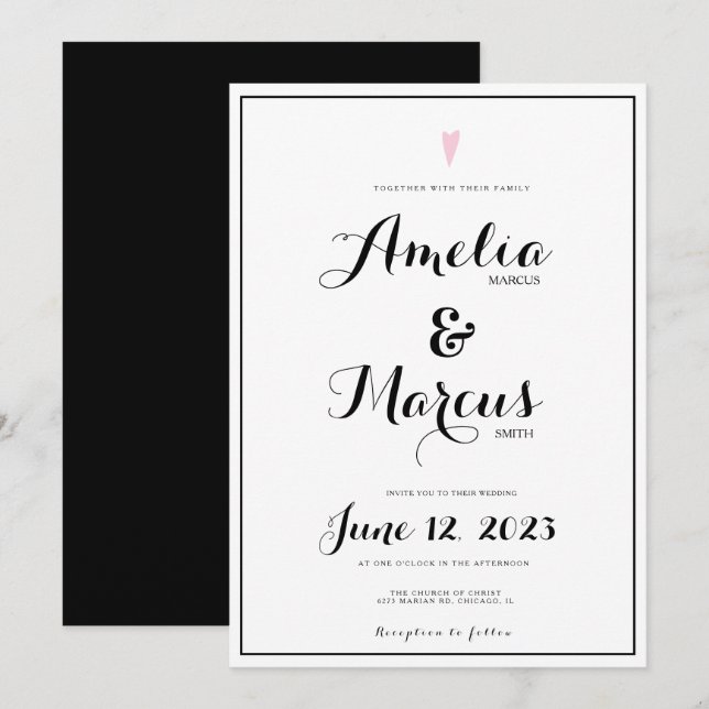 Invitation Mariage cœur typographie simple écriture noir blan (Devant / Derrière)