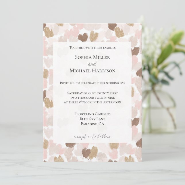 Invitation Mariage Cœurs Crème Brun Rose Blush Romantique (Debout devant)