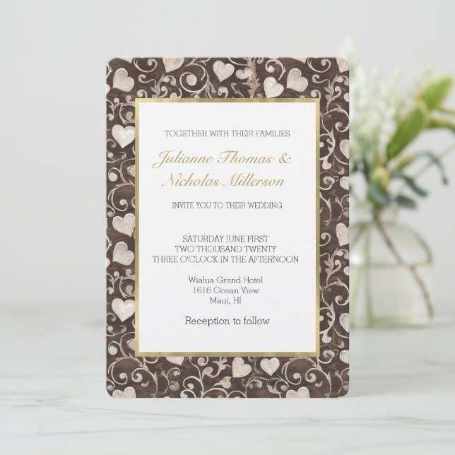 Invitation Mariage Cœurs Crème Marron Romantique (Debout devant)