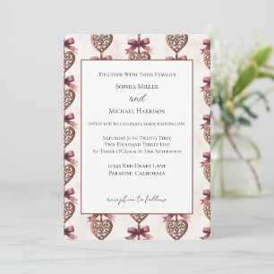 Invitation Mariage coeurs de bronze rubans rouges