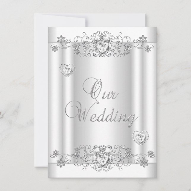 Invitation Mariage Cœurs de Diamant Blanc Argent (Devant)