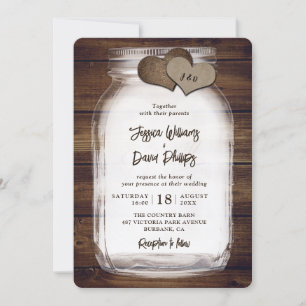 Invitation Mariage coeurs de toile de jute et pot Mason en bo