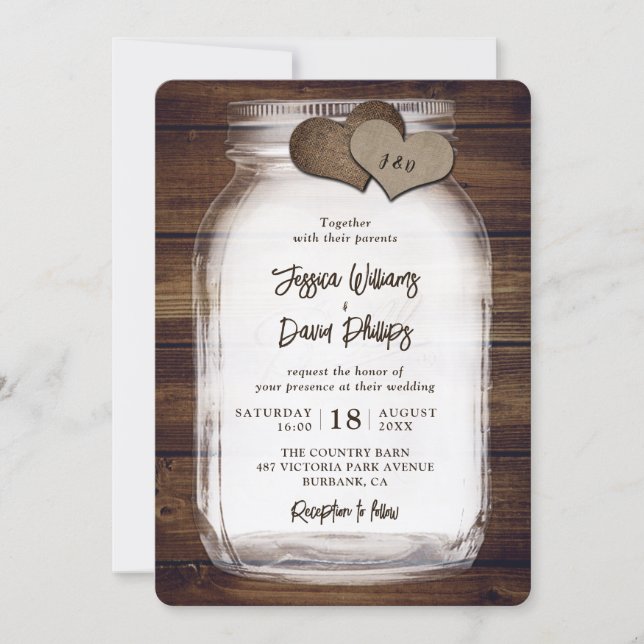 Invitation Mariage coeurs de toile de jute et pot Mason en bo (Devant)