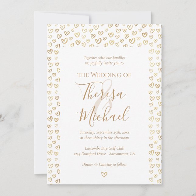 Invitation Mariage coeurs d'or (Devant)