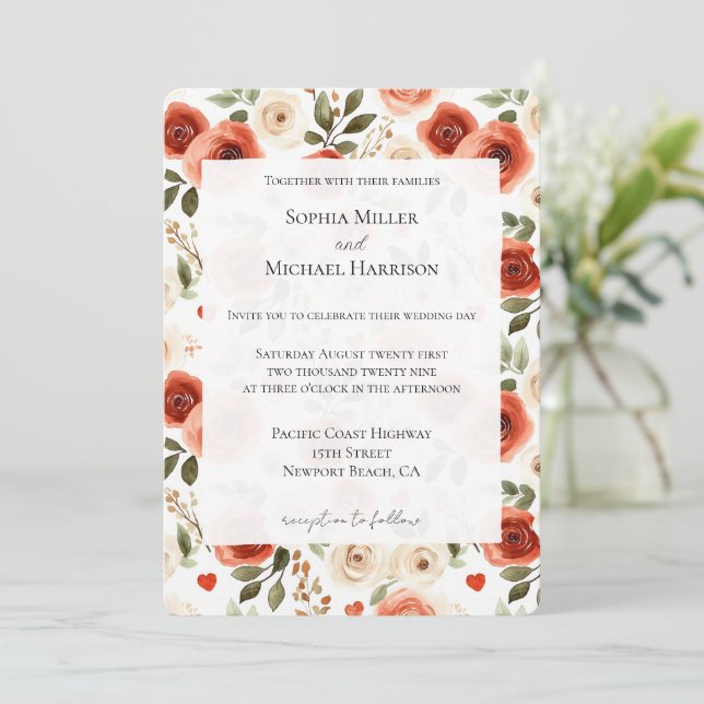 Invitation Mariage coeurs et fleurs rouge crème (Debout devant)
