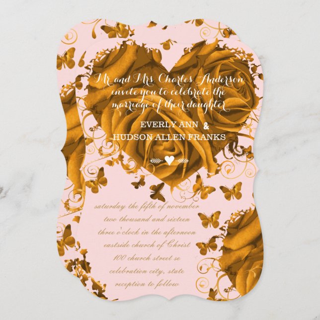 Invitation Mariage coeurs et roses uniques rose gold rose (Devant / Derrière)
