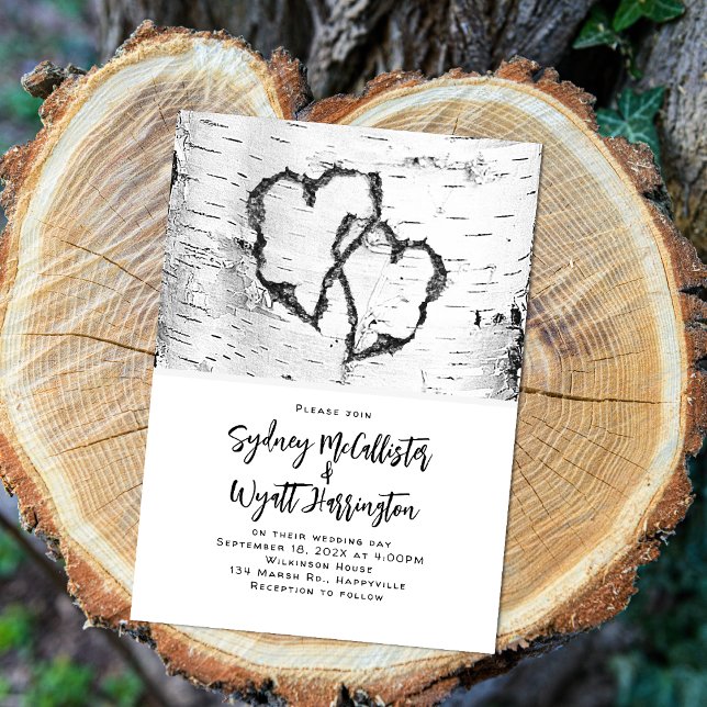 Invitation Mariage Coeurs Gravés Écorce de Bouleau Blanc (Créateur téléchargé)