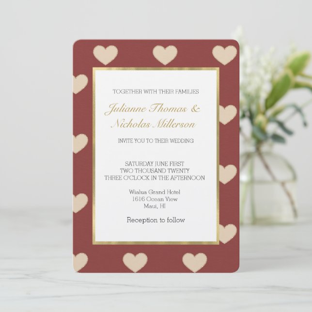 Invitation Mariage coeurs paillettes crème rouge or (Debout devant)