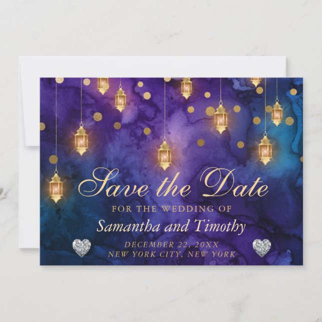 Invitation Mariage coeurs scintillants lanterne pourpre et or (Devant)