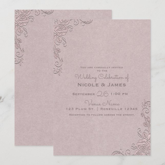 Invitation Mariage Coin Élégant Glamour Rustique Vintage Rose (Devant / Derrière)