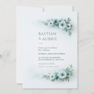 Invitation Mariage coin floral bleu poudre en spray