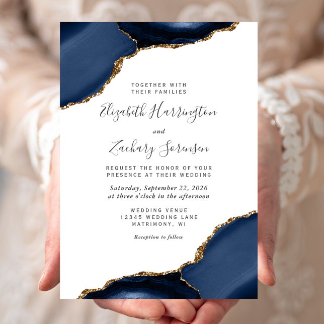 Invitation Mariage Coins Modernes Bleu Nuit Agate Or (Créateur téléchargé)