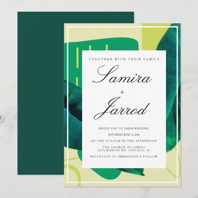 Invitation Mariage Collage Botanique Vert Jaune Organique (Devant / Derrière)