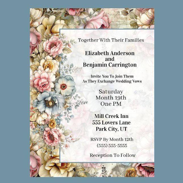 Invitation Mariage Collage Floral Élégant (Vintage floral wedding invitation with watercolor flowers and romantic botanical design
)