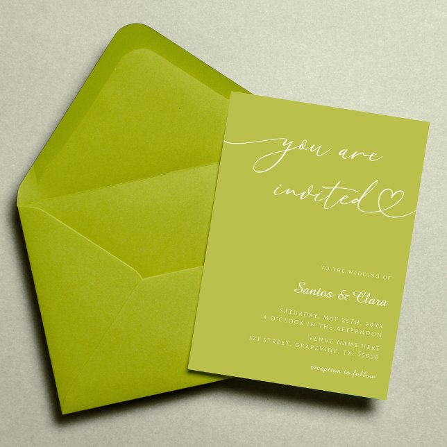 Invitation Mariage Collage Photo 3 Écriture Cœur Vert Citron (Créateur téléchargé)