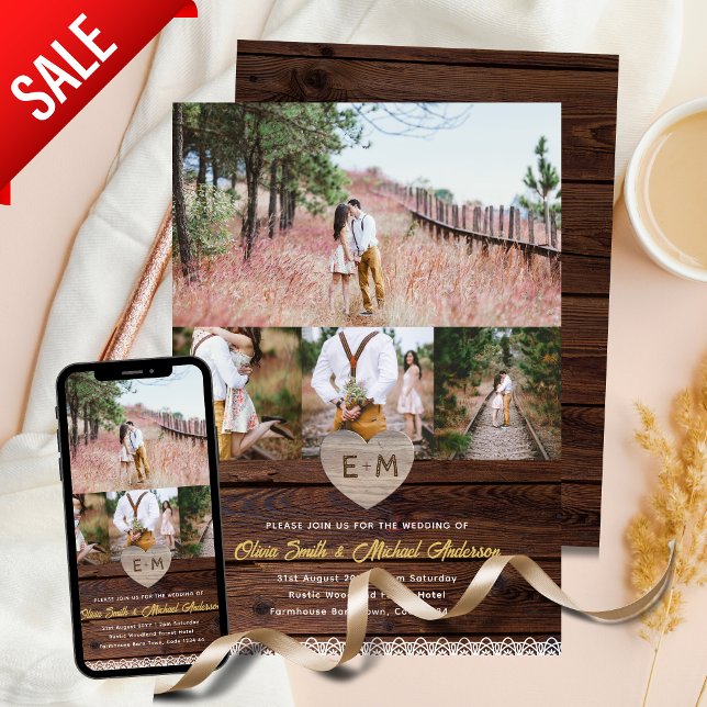 Invitation Mariage | Collage photo en dentelle de bois rustiq (Créateur téléchargé)