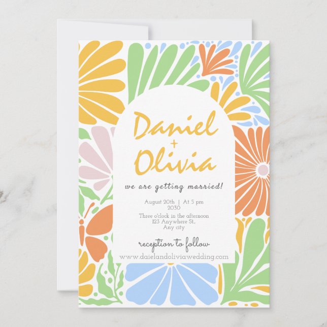 Invitation Mariage coloré à cadre fleuri rétro (Devant)