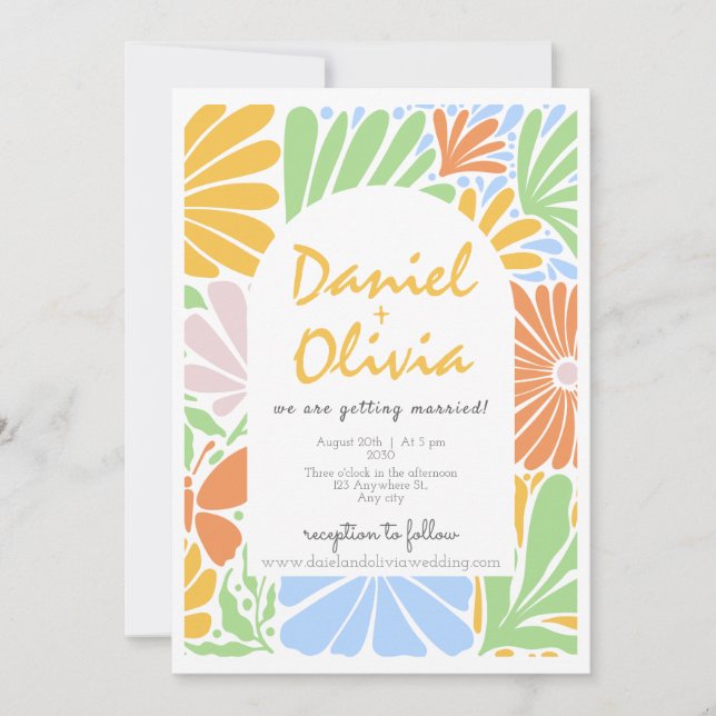 Invitation Mariage coloré à cadre fleuri rétro (Devant)