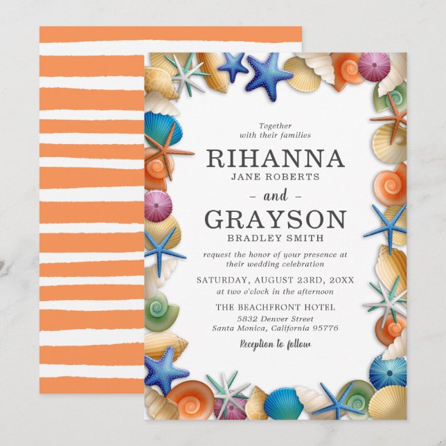 Invitation Mariage Coloré de Coquillages de Plage (Devant / Derrière)