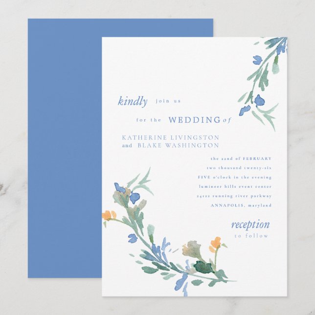 Invitation Mariage Coloré Fleur Sauvage Bleue   (Devant / Derrière)