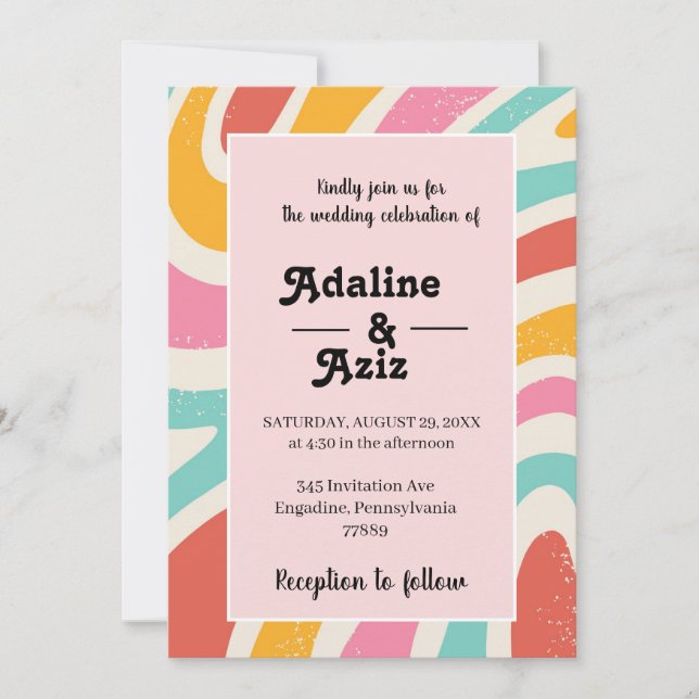 Invitation Mariage Coloré Ondulé Rétro Groovy 70s (Devant)